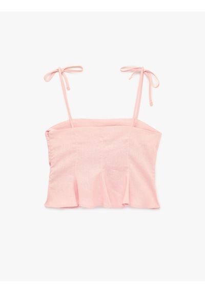 Koton Slim Fit Hafif Peplum Kesim Pileli İp Askılı Crop Keten Bluz Pembe 6sal60253ıw Gül