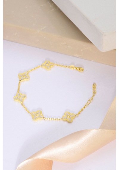 Innuendo Jewelry 925 Ayar Gümüş Taşlı 5 Yoncalı Bileklik Altın