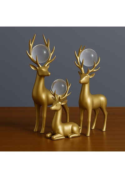 Gold Boynuzlu 3 Lü Dekoratif Geyik Kristal Küre 32 X 15