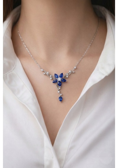 Çekirdekjewelry 925 Ayar Gümüş Safir Taşlı Sarmaşık Kolye Rodyum