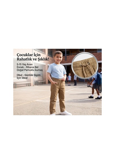Erdem Kıds Unisex Erkek Kız Çocuk Ribana Bel Lastikli Boru Paça Kanvas-keten Keten Camel Okul Pantolonu Camel Camel
