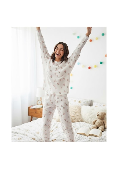 Siyah İnci Yumuşak Tuşe Kışlık Fitilli Pamuklu Örme Pijama Takım 7956 Beyaz Pembe Lale
