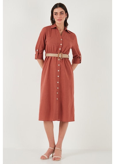Lela Pamuklu Regular Fit Kemerli Midi Boy Gömlek Bayan Elbise 67810301 Camel