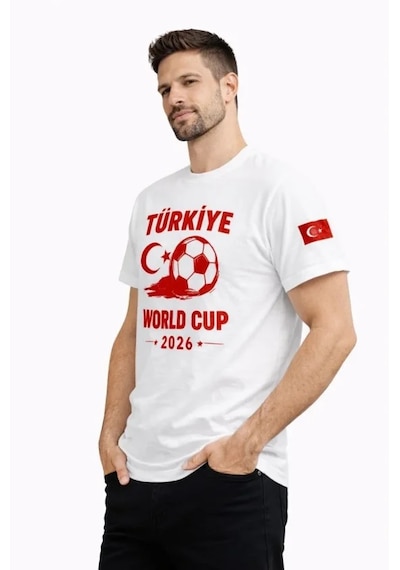 Suma Erkek Türkiye World Cup 2026 Baskılı Tişört Futbol Temalı Forma T-shirt - Beyaz
