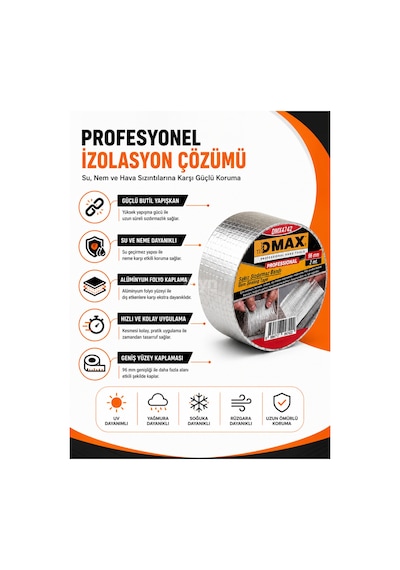 Dmax 96 Mm X 2 M Sakız Sızdırmaz Bant Butil Alüminyum Folyo İzolasyon Ve Tamir Bandı Su, Nem Ve Hava Sızdırmaz