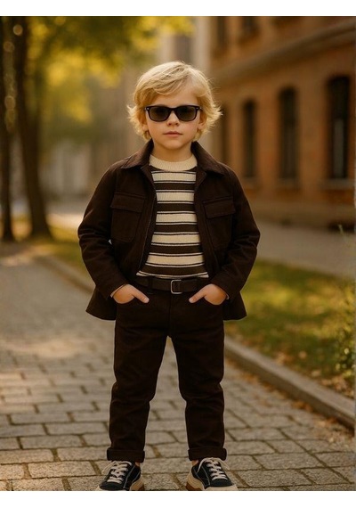 Zekids Erkek Çocuk Kemerli Gabardin Pantolon-16347 Kahverengi