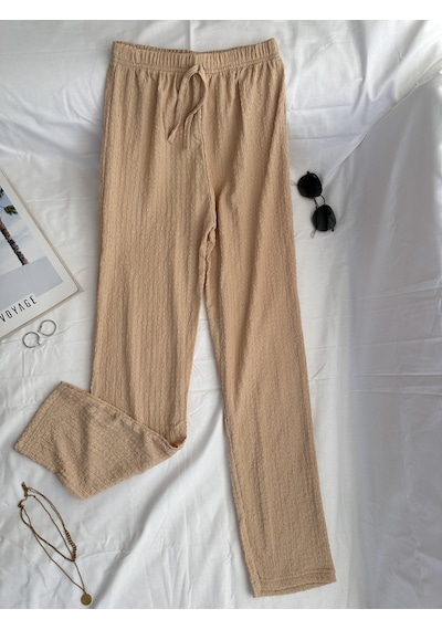 Intive Cool Comfort Waffle Kumaş Pamuklu Nefes Alabilir Basic Yazlık Jogger Pantolon Cepsiz Bej