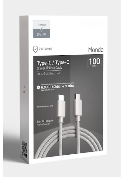 100w Örgülü Type C To Type C Spk-10 1mt Data Ve Şarj Kablosu Standart