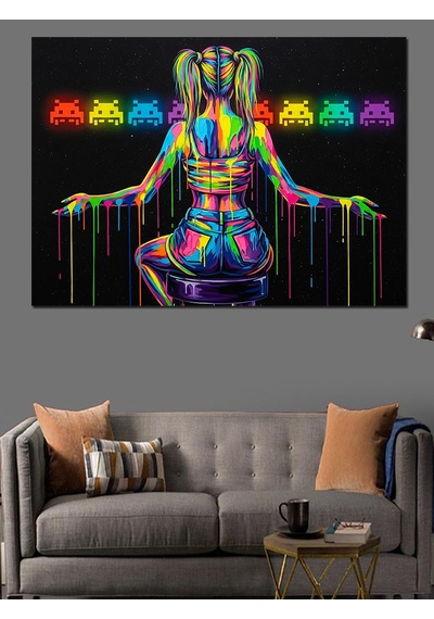 Neon Işıklı Kadın Ve Emojiler İllüstrasyonu Dekoratif Kanvas - Mdf Ahşap Tablo