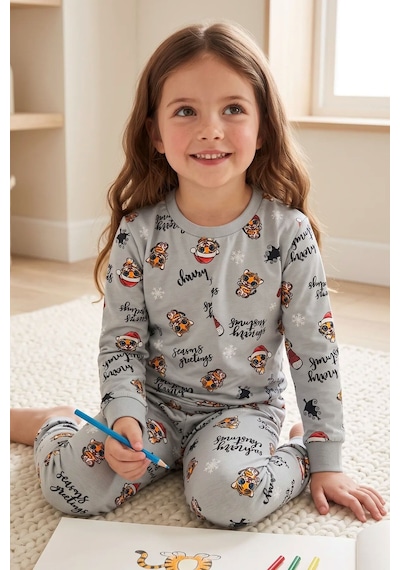 Zuzunga Kız Çocuk Yılbaşı Temalı Tiger Desenli Uzun Kollu Pijama Takımı Gri