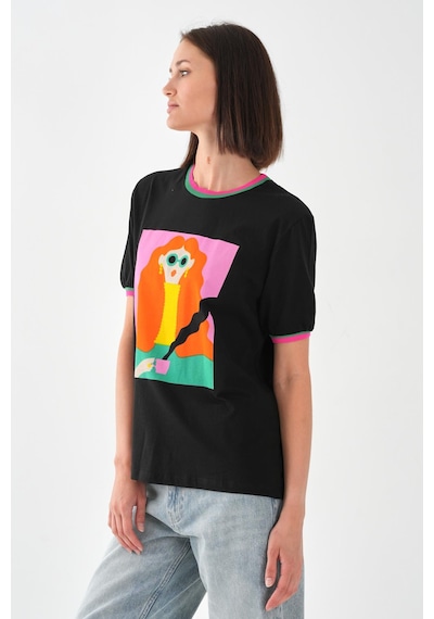 Alexandergardı Yaka Ve Kol Detaylı Baskılı Kadın T-shirt Siyah