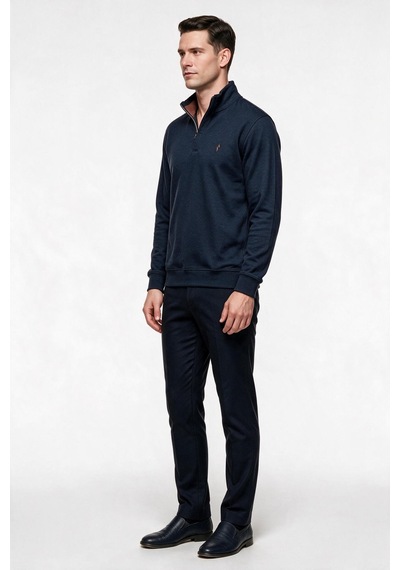 Legato Erkek Dik Yaka Yarım Fermuarlı Pamuk Karışımlı Uzun Kollu Sweatshirt Lacivert