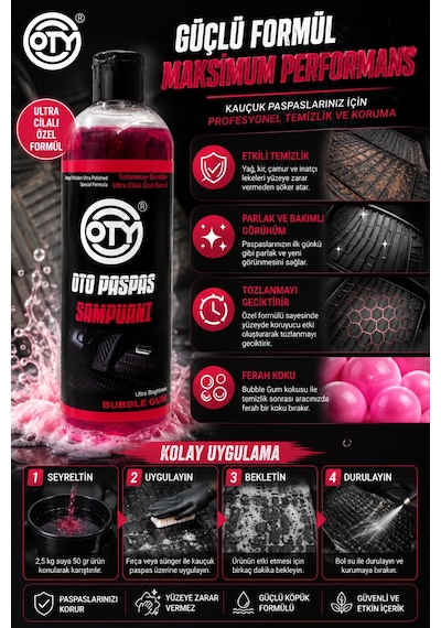 Oto Paspas Şampuanı 400 Ml Bubble Gum Kokulu Kauçuk Paspas Temizleyici, Parlatıcı Ve Bakım Şampuanı İng Versiyon