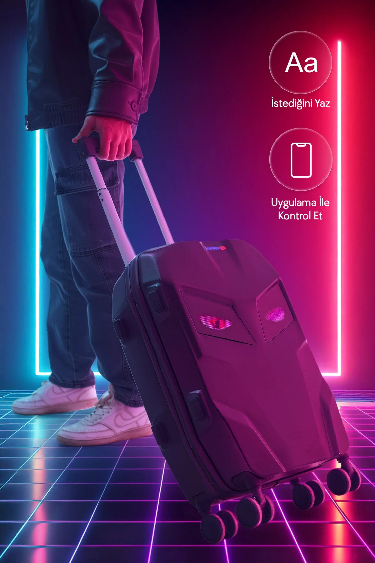 Zampago Blinker Led Işıklı Valiz Darbe Dayanıklı 360 Tekerlekli + 10.000 Mah Powerbank Siyah - Siyah
