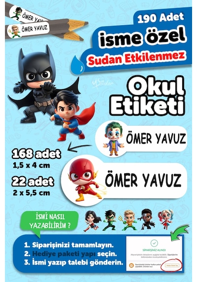Okul Etiketi Kalem Defter İsimli Etiket Isim Yazılabilen Dc Karakter - 190 Adet Özel Tasarım Çok Renkli