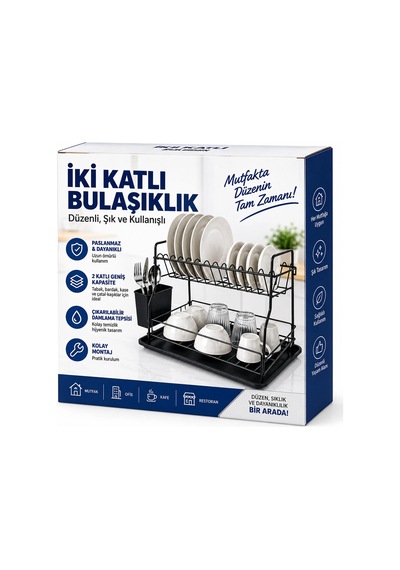 Siyah - Metal 2 Katlı Tabaklık - Bulaşıklık 5468 Renkli