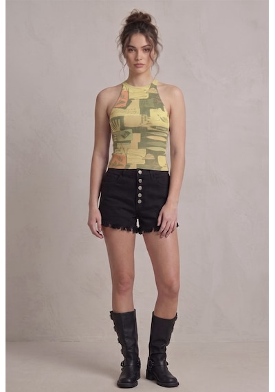 Neden Tekstil Kadın Fitilli Grafik Desenli Baskılı Halter Yaka Crop Bluz - Sarı