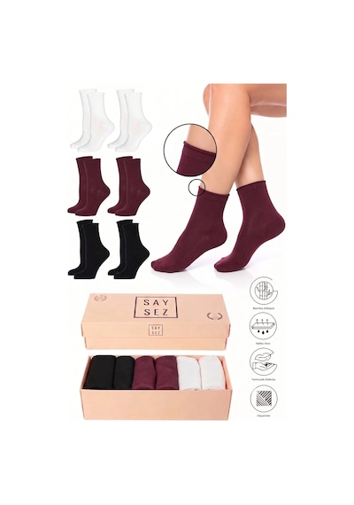 Saysez Bambu Kadın Lastiksiz Siyah-beyaz-bordo Soket Dikişsiz Premium Çorap Kutulu 6'lı / İz Bırakmaz / Sıkmayan Çorap Çok Renkli