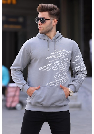 Madmext Boyalı Gri Baskılı Kapüşonlu Sweatshirt 6009 Boyalı Gri