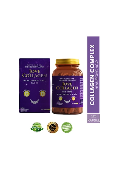 Jove Collagen Komplex Kollajen Tip 1-2-3 Hidrolize Kollajen peptit Hyaluronik Asit C ve D3 Vit 120 Kapsül