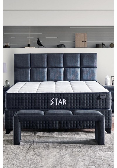 Star Yatak Seti 200x200 Cm Çift Kişilik Yaylı Sert Ortopedik Yatak Antrasit Lüks Baza Başlık Takımı