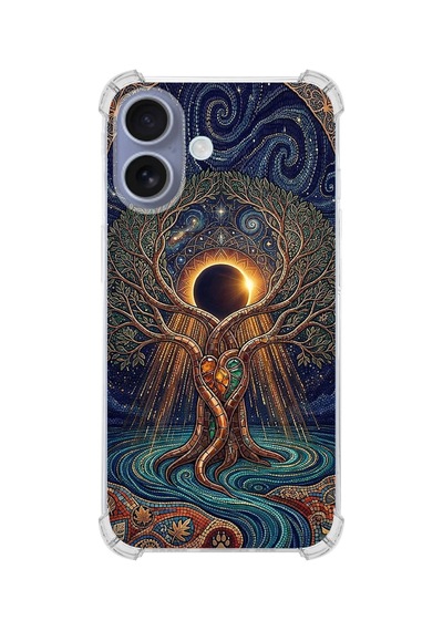Printify Apple iPhone 16 İle Uyumlu Simya Serisi Kozmik Denge Tasarımlı Uv Baskılı Köşe Korumalı Antişok Kılıf Şeffaf