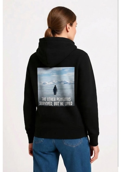 Velmora Fashion Kadın 3 İplik Pamuklu Kapüşonlu Hoodie Sweatshirt Survivor Penguen Baskılı - Siyah
