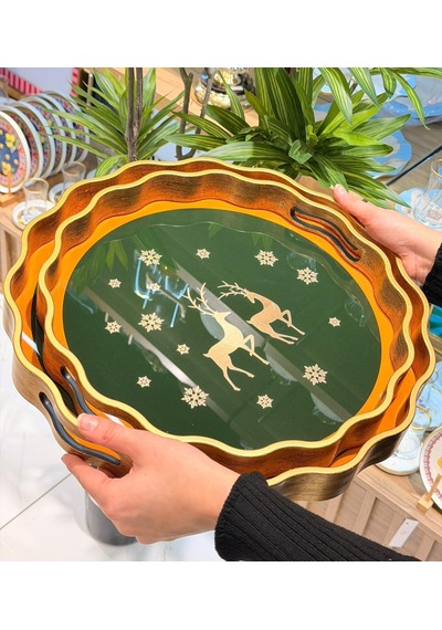 2li Deer Green Papatya Lüks Tepsi-5500 Çok Renkli