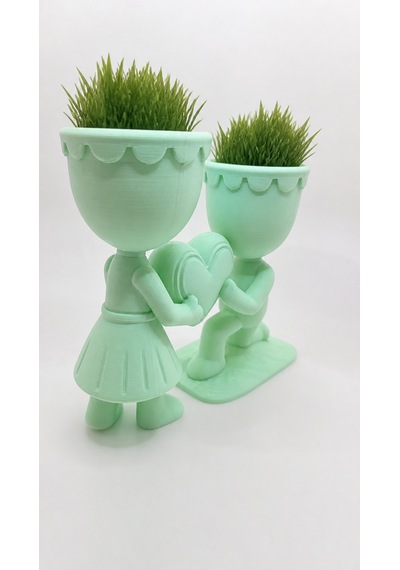3d Baskı Aşk Saksısı - Kalp Tutan Çift Figürlü Dekoratif Saksı - Mint -