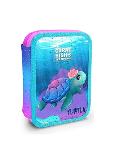 Coral High Kids Açık Pembe Mavi Kaplumbağa Desenli Çift Katlı Kalem Çanta 11134 Pembe - Mavi