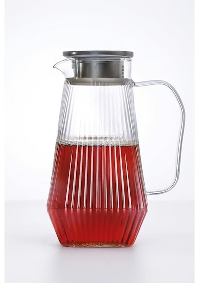 Ateşe Dayanıklı Borosilikat Çizgili Cam Sürahi 1800 Ml - Paslanmaz Çelik Süzgeç Kapaklı Bitki Çayı Ve Su Sürahisi