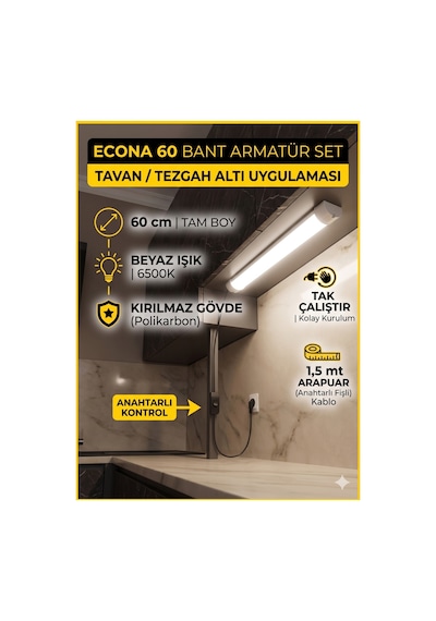 60 Cm Mutfak Tezgah Aydınlatması ,beyaz Anahtarlı Kablolu Set,led İnce Bant Armatür Led Tak Çalıştır Diğer