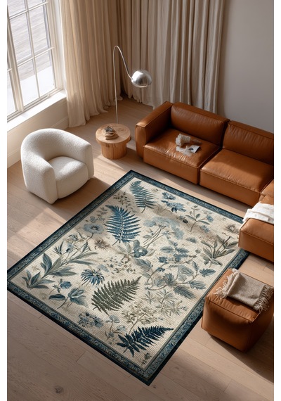 Garden 814 Bej Mavi Botanik Çiçekli Halı Yıkanabilir İnce Dokuma Taban Salon Oturma Odası Halısı