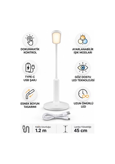 Şarjlı Dokunmatik Led Masa Lambası Type-c Esnek Boyunlu Ayarlanabilir Işık Modlu 45 Cm Beyaz