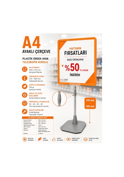 A4 Ayaklı Fiyat Etiketlik Teleskopik Borulu Çerçeve Etiketlik Yönlendirme Levhası Menü Panosu Turuncu