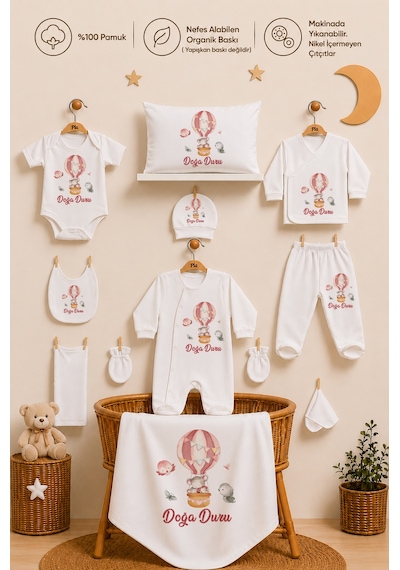 Pia Baby Kız Bebek Hastane Çıkışı 11'li Yenidoğan Set %100 Pamuk İsme Özel Organik Baskılı 206211yx Ekru