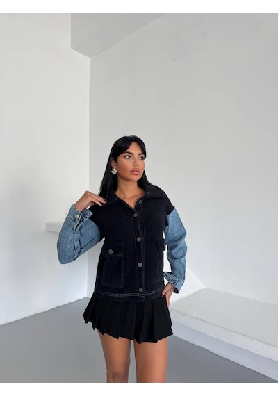 Duygudan Denim Kol Detaylı Kontrast Ceket Güçlü Stil, Net Duruş - Siyah