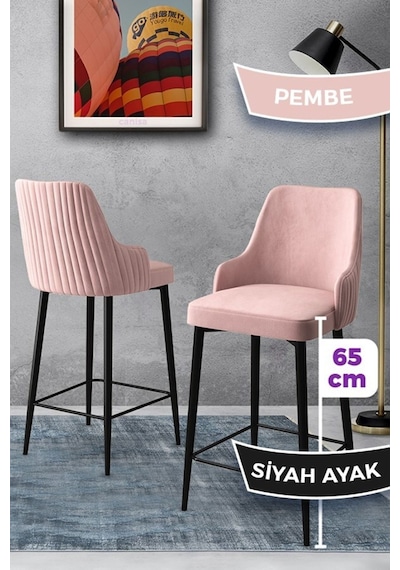 Canisa Tera Serisi 2 Pembe Sandalye 65 Cm Ada Mutfak Bar Sandalyesi Babyface Kumaş Siyah Metal Ayaklı Sandalye Pembe Ayaklar Siyah