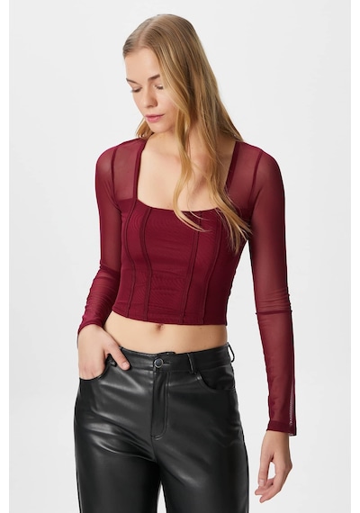 Ritnice Kadın Alina Korse Görünümlü Bordo Tül Crop Bluz Bordo