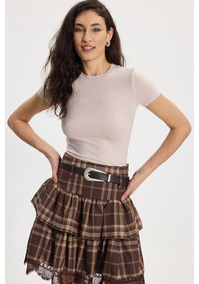 Tudors Kadın Slim Fit Dar Kesim Pamuklu Kısa Kollu Bisiklet Yaka Pembe Tişört-50712