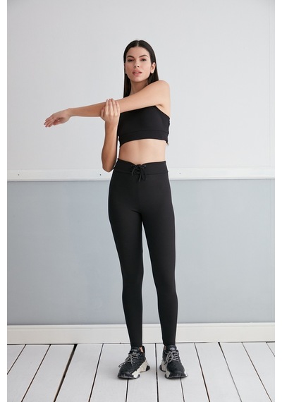 Thin Shop Fitilli Bağcıklı Toparlayıcı Tayt - Siyah Tayt - Fitilli Tayt Siyah