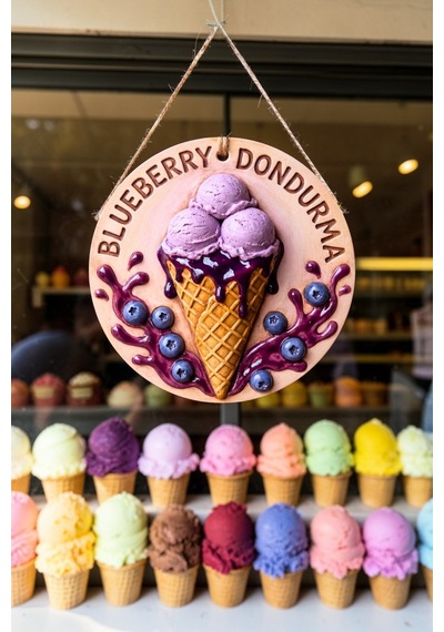 Blueberry Dondurma Görselli İpli Ahşap Kapı Ve Duvar Süsü, Cafe, Dondurmacı Tabelası