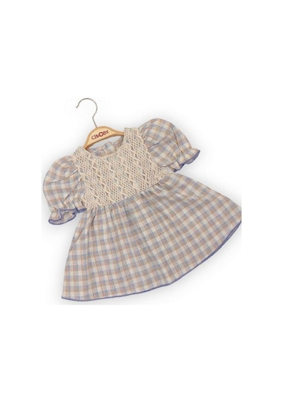 Çikoby Kız Çocuk Kolları Karpuz Kol Dokuma Elbise-11786-krem Krem