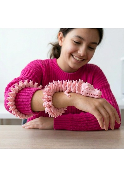 Hareketli Eklemli Yeşil Ejderha Figürü - 46 Cm Stres Oyuncağı - Esnek Eğitici Hayvan Figürü- Pembe