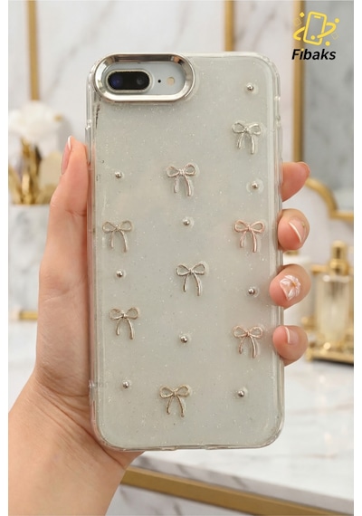 Fibaks iPhone 7 Plus/8 Plus Uyumlu Kılıf Fiyonk Desenli Şeffaf Simli Gümüş Kamera Çıkıntılı Parlak Kapak