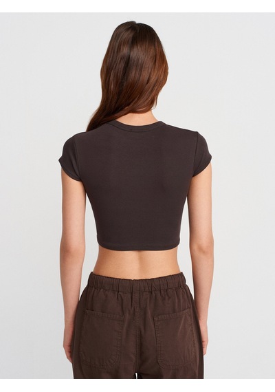 Dilvin 31810 Bisiklet Yaka Crop T-shirt-koyu Kahve Koyu Kahve