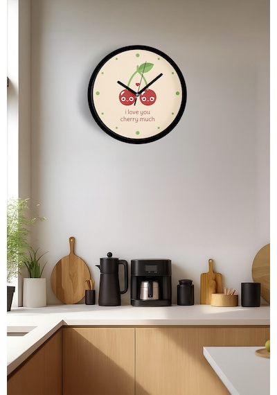 '' I Love You , Cherry Much '' Yazıllı Modern Tasarım Duvar Saati - 25cm - Önü Camlı Siyah Kasa-jh0381 Siyah