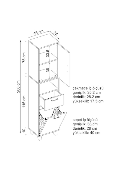 Çamaşır Sepetli Banyo Dolabı, Çok Amaçlı Dolap 45 X 200, Roomart Külgri