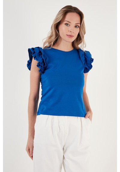 Lela Pamuklu Kolları Fırfırlı Slim Fit Bisiklet Yaka Bayan T Shirt 5864500 Saks