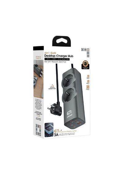 Fc54 6in1 Gan Masaüstü Priz Şarj Cihazı 1 X Usb-a 3 X Usb-c 2 X 220v 1.5m